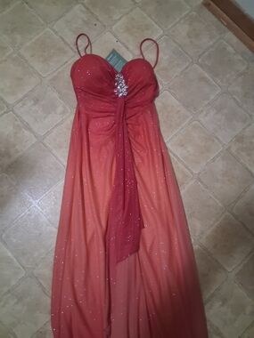 Red to Orange Ombre Prom Dress with Rhinestone Detail